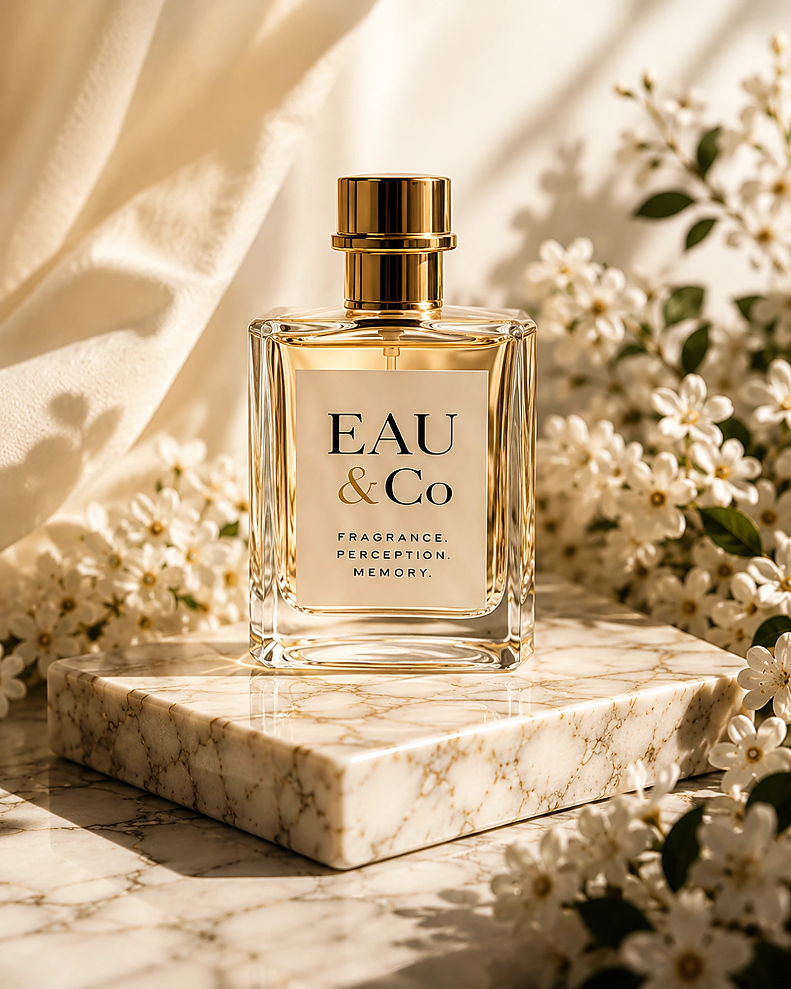 EAU & Co luxury fragrance consultation — perfume bottle with florals